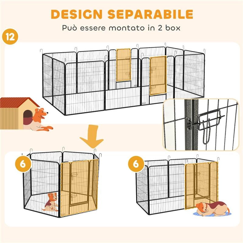 RECINTO PER CANI A 12 PANNELLI MODULABILI DA 80X100 CM, PIEGHEVOLE CON PORTA IN ACCIAIO E 12 PICCHETTI, GRIGIO