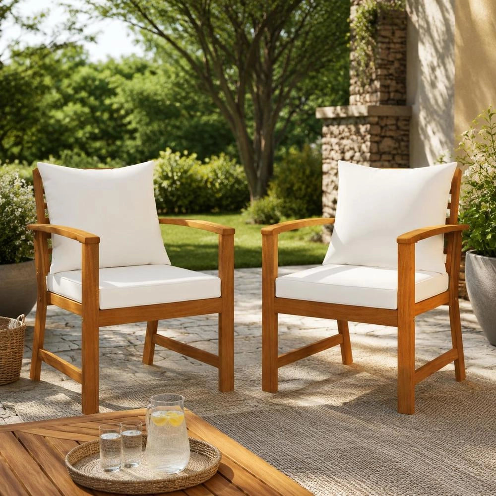 Garden Chairs, Set Of 2, With Cream Cushions, Made Of Solid Acacia Wood