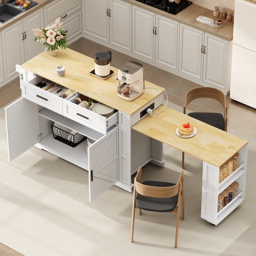 Isola cucina mobile con piano estraibile e prese, bianco rovere