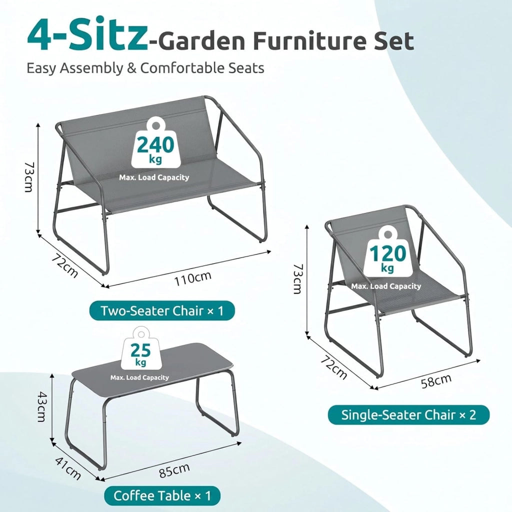 Set Salotto da Giardino 4 Pezzi, Mobili da Balcone in Tessuto Texteline con Divano 2 Posti, 2 Poltrone e Tavolino, Resistente alle Intemperie, Ideale per Balcone Terrazza Giardino, Grigio
