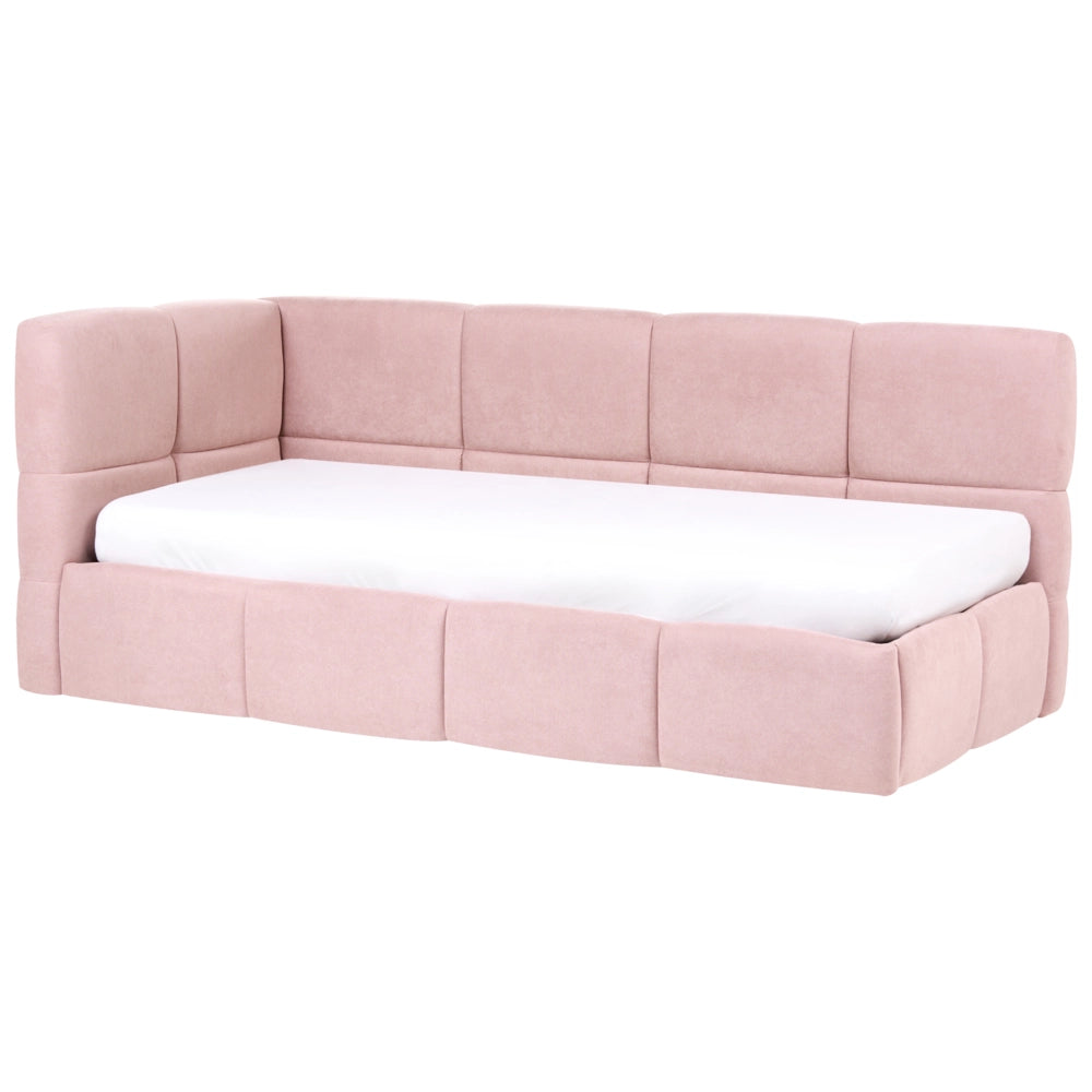 Divano letto imbottita in tessuto rosa lato sinistro 90x200 cm con pouf contenitore a forma di L