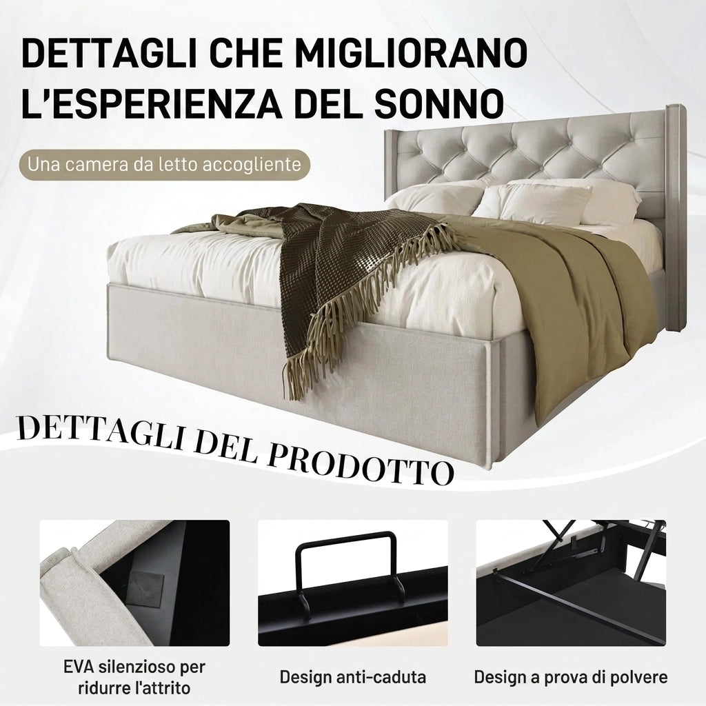 Letto Imbottito 140x200 con Contenitore Idraulico in Cotone Grigio Chiaro