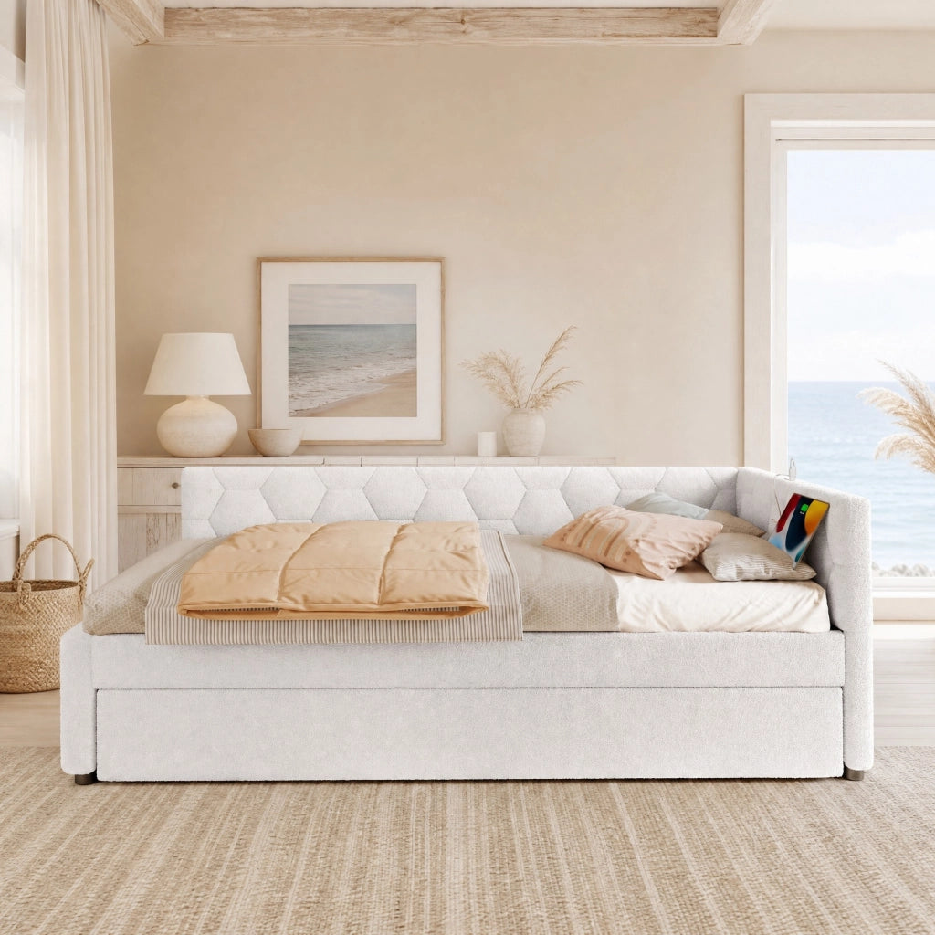 LETTO Giorno 90x200 cm in Bouclé Bianco con letto estraibile, USB e Tipo-C