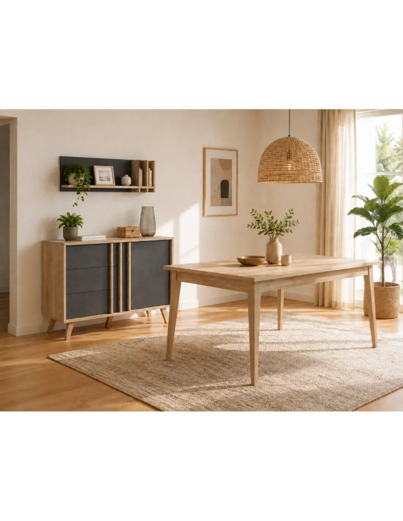 Sala da pranzo completa MALMO con tavolo 6 posti 160cm e buffet alto - Rovere chiaro e grigio