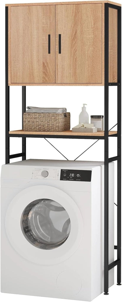 Scaffale Sopra Lavatrice, Mobile Sopra WC, Scaffale da Bagno, Armadietto con Ripiano Regolabile e Ante, per Lavanderia, in Legno e Metallo, Nero+Rovere Chiaro, 64,5x27x170cm