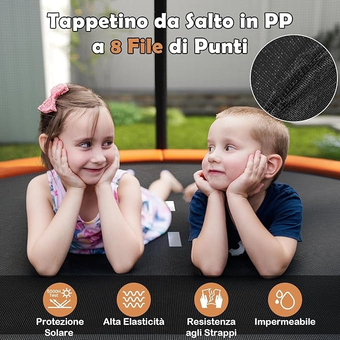 Trampolino Elastico per Bambini e Adulti 244 cm/305 cm/366 cm, Tappeto Elastico da Esterno con Rete di Sicurezza, Scala e Telaio in Acciaio Zincato Antiruggine