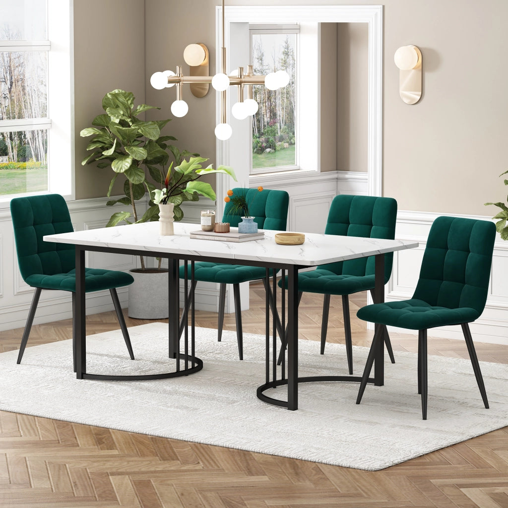 Tavolo da pranzo per 4 persone con 4 sedie in velluto, piano effetto marmo, in MDF e metallo, per cucina, 140 × 80 cm