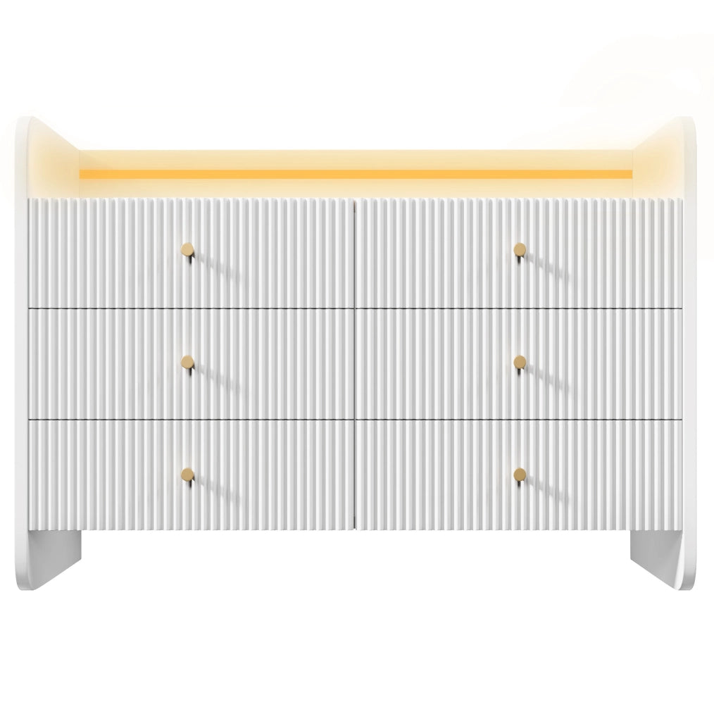 Credenza ULEVR 120x40x75 cm con LED, vano aperto e 6 cassetti, bianca