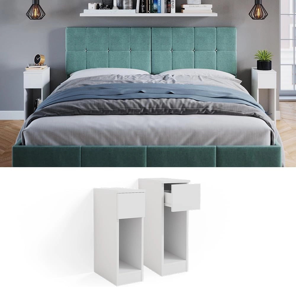 Comodini camera da letto Enton, Bianco, Set di 2, adatto per riporre libri, lampade e oggetti di uso quotidiano