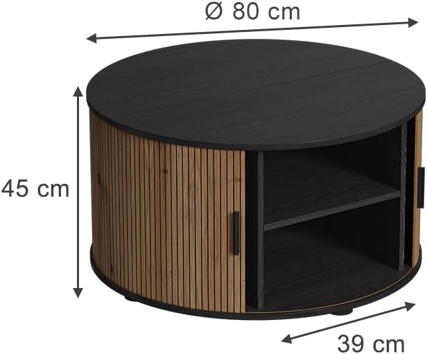 tavolino soggiorno Selva, Quercia/nero, 80 x 80 cm con porta scorrevole, con funzione lift e piano del tavolo regolabile in altezza