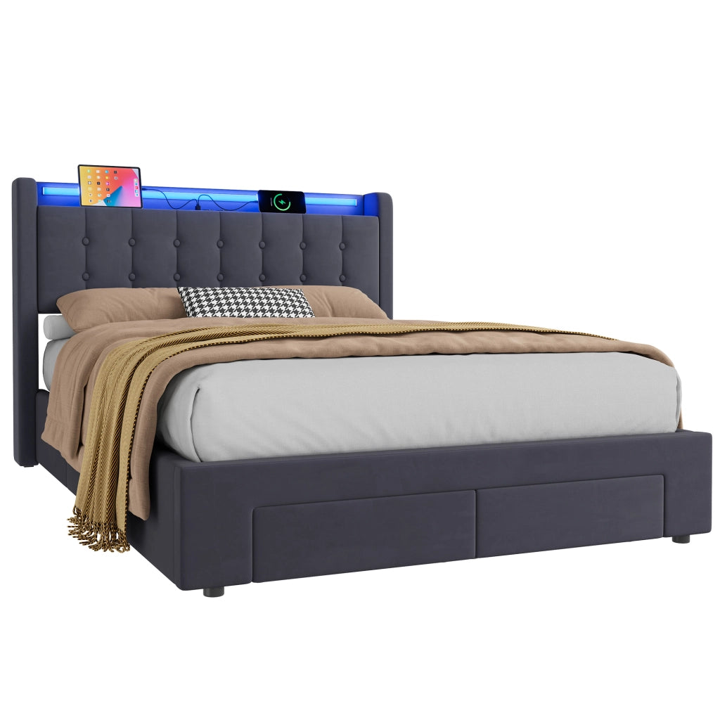 Letto imbottito 140x200 cm in velluto con LED, 2 cassetti e porte USB
