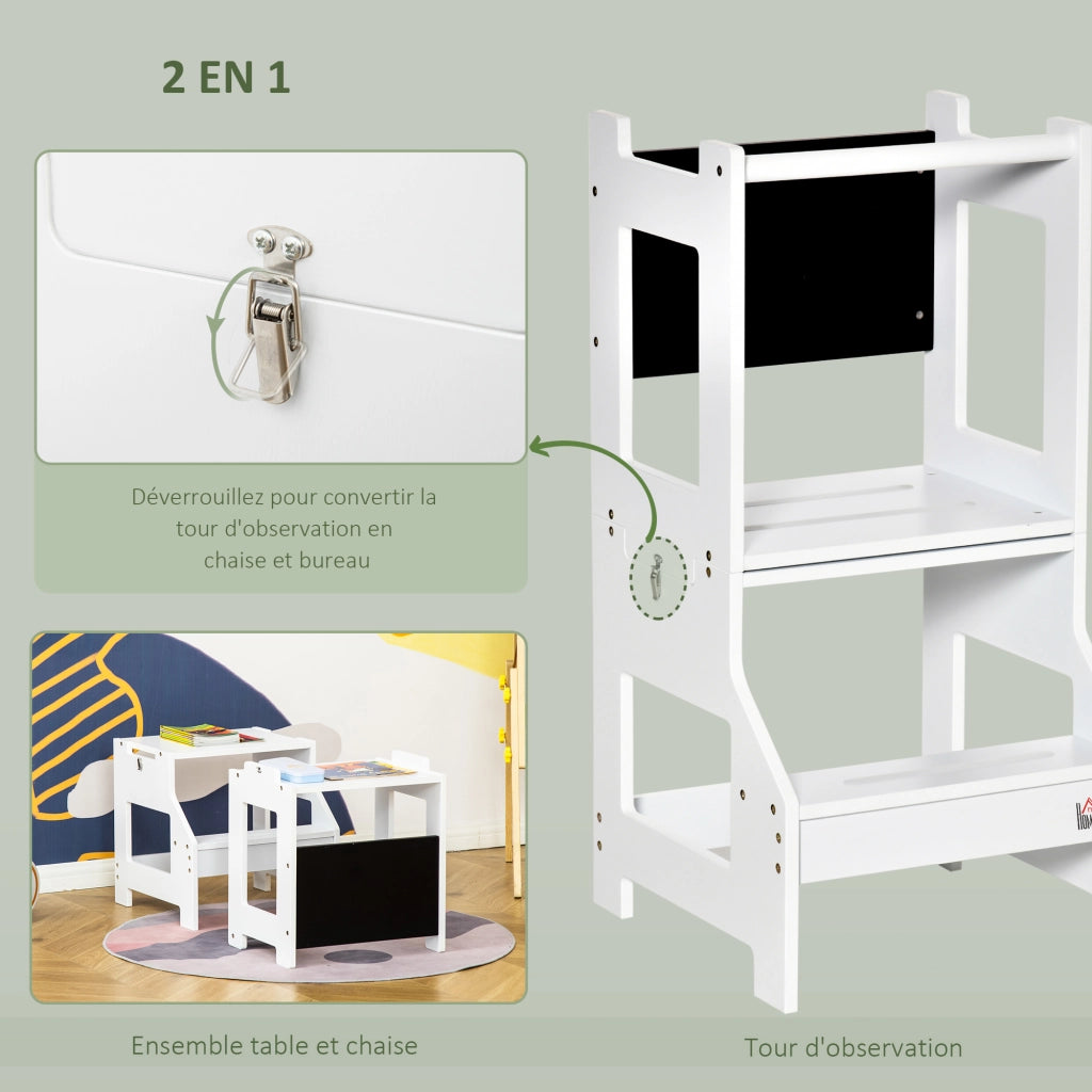 Torre di Apprendimento per Bambini 3 in 1 con Barre, Bordo di Sicurezza e Lavagna ¨C Zephmum ¨C Bianco