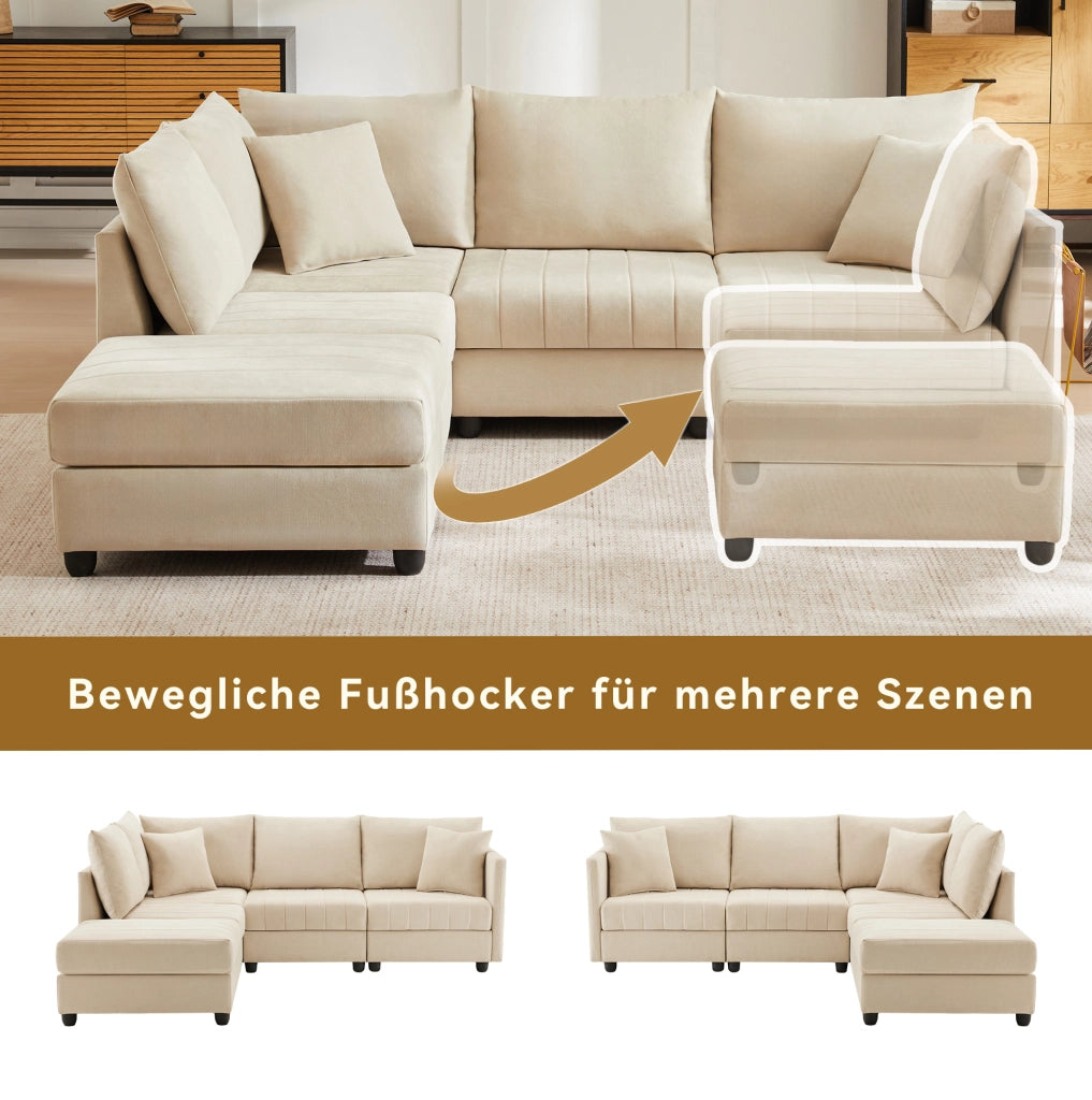 Divano modulare 5 posti beige con pouf mobile
