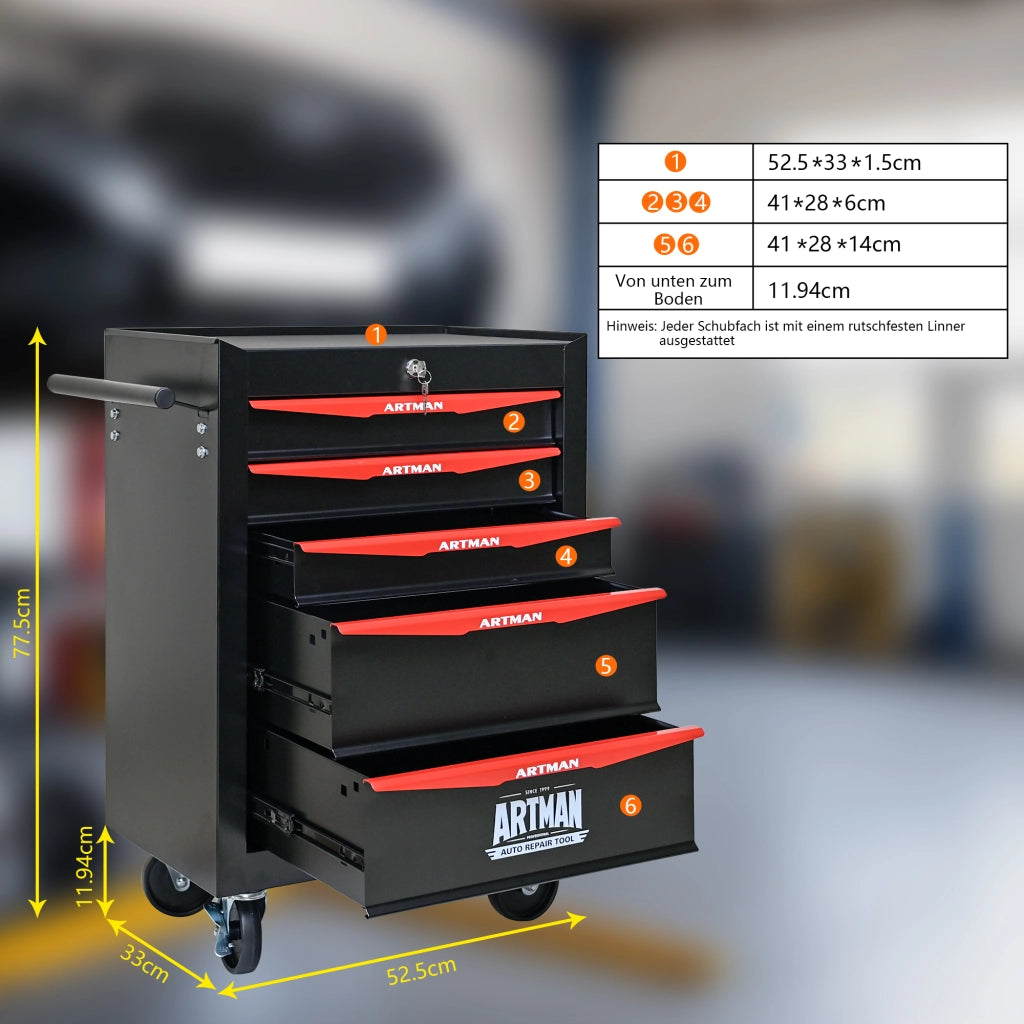 Mobile contenitore per attrezzi con 5 cassetti e ruote, chiudibile a chiave, per garage, in acciaio, nero rosso