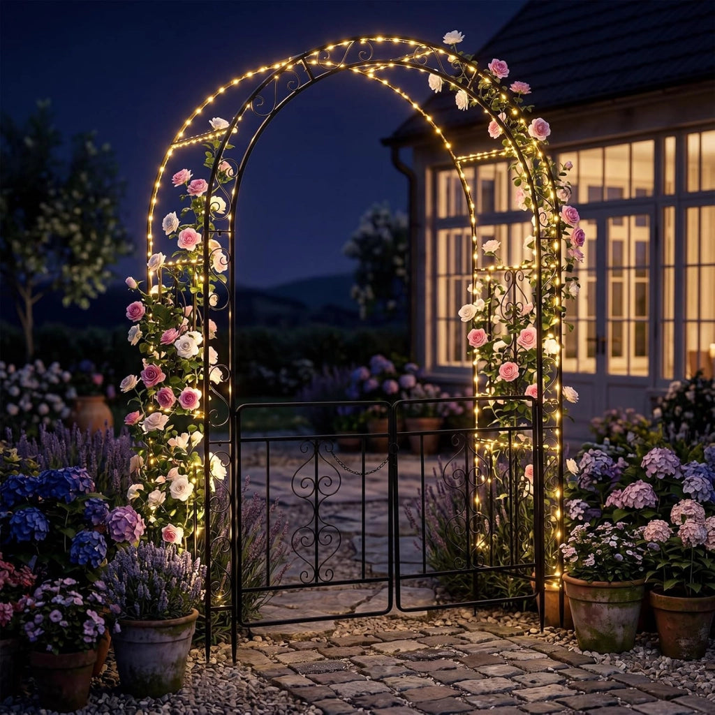 Arco da Giardino con Cancello, Pergolato per Piante Rampicanti | Pergola Decorativa in Metallo con Piedini a Punta e Chiusura, per Rose, Viti e Fiori da Matrimoni e Feste, 135x60x213 cm