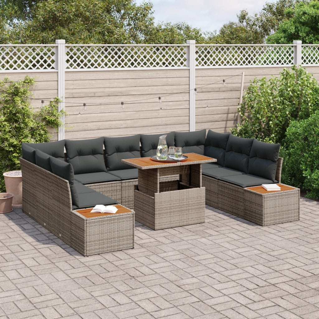 Set da Giardino 10 Pezzi con Cuscini Grigio in Polyrattan e Acacia