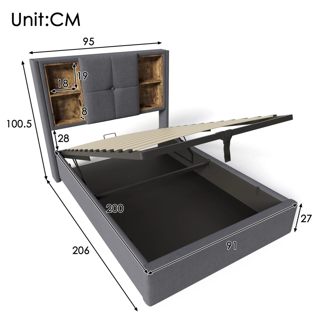 Letto singolo imbottito 90x200 cm grigio con ricarica wireless; USB e contenitore