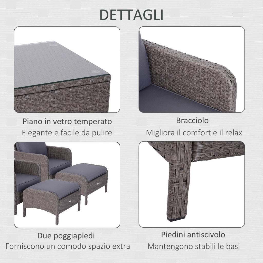 Set Giardino 2 Poltrone 2 Poggiapiedi Tavolino Vetro Temperato ¨C zephmum ¨C Rattan Grigio