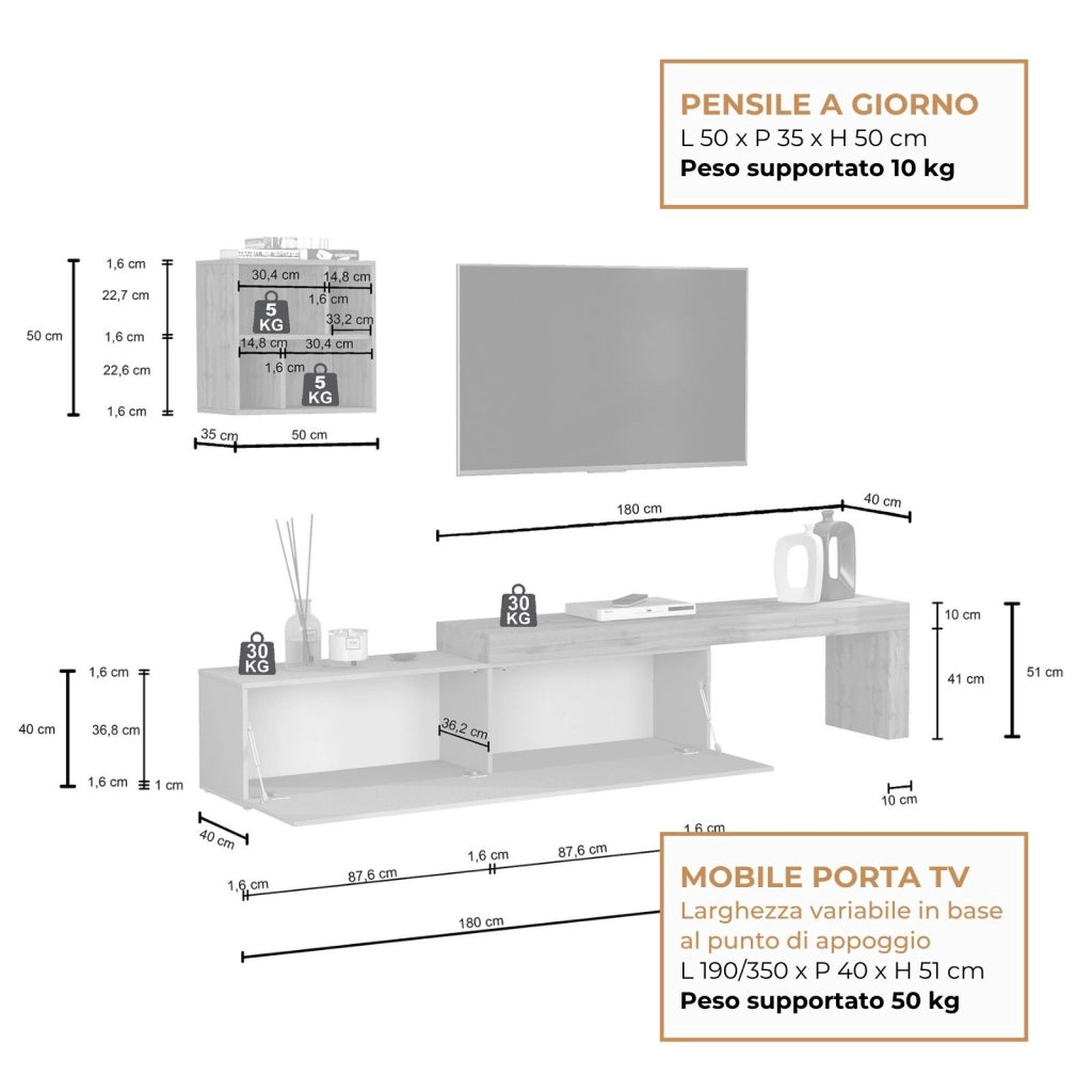 WHOUS Parete attrezzata Chronos set soggiorno bianco lucido e rovere 190/350x40 cm