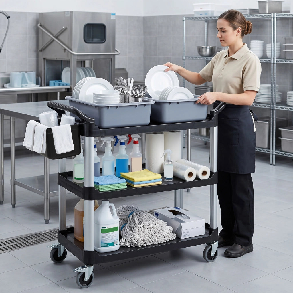 Carrello per Pulizie con 3 Ripiani 2 Contenitori e Secchio Laterale ¨C zephmum ¨C Nero 100 kg