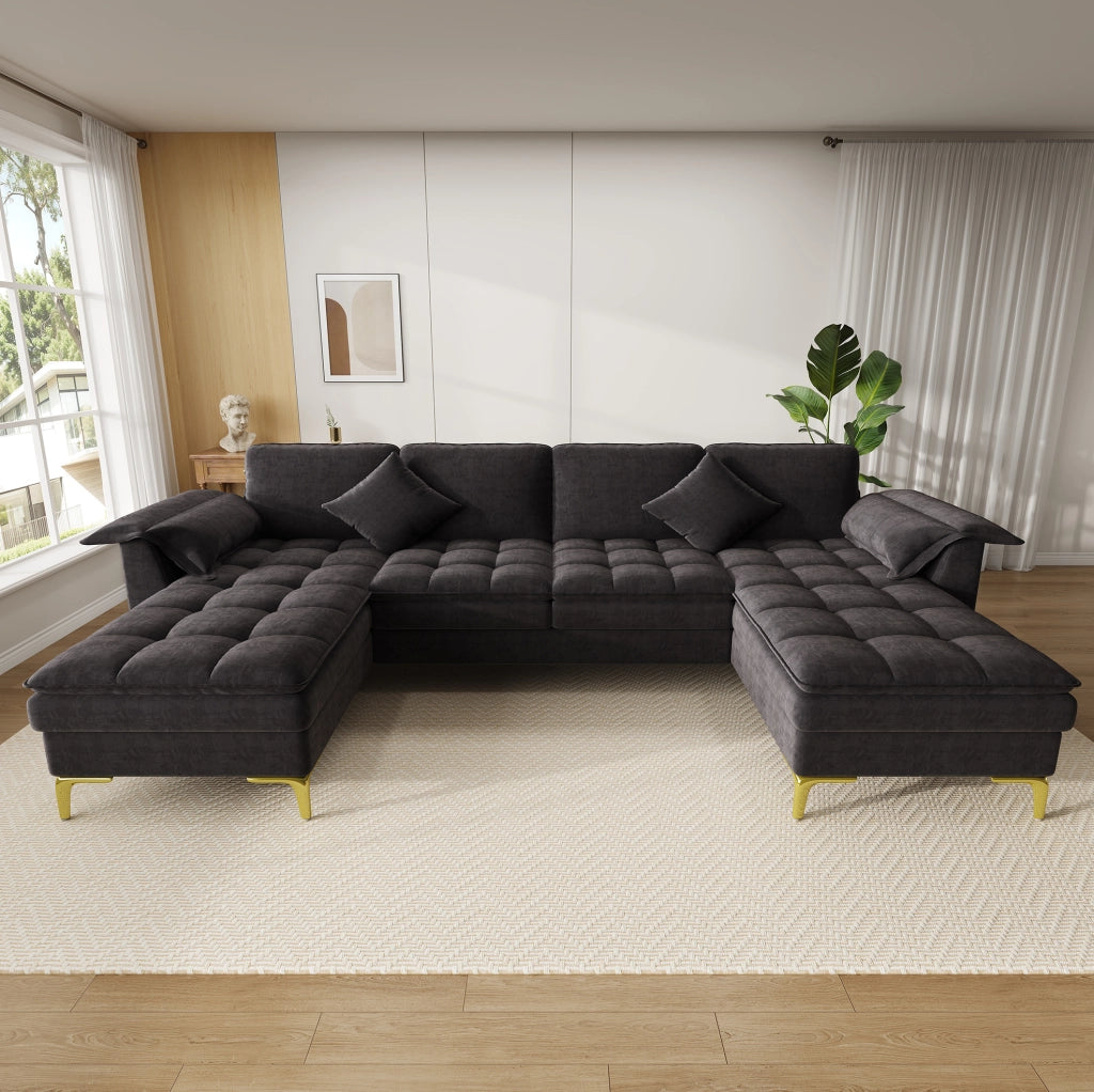 Divano angolare a U 262x134 cm nero in ciniglia; 2 chaise longue