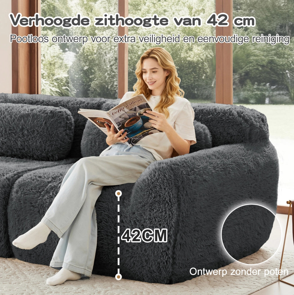 Divano modulare 3 posti Boneless Cloud in tessuto vellutato grigio con 3 pouf