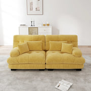 Divano modulare in chenille giallo con cuscini lombari e decorativi, seduta profonda e braccioli imbottiti