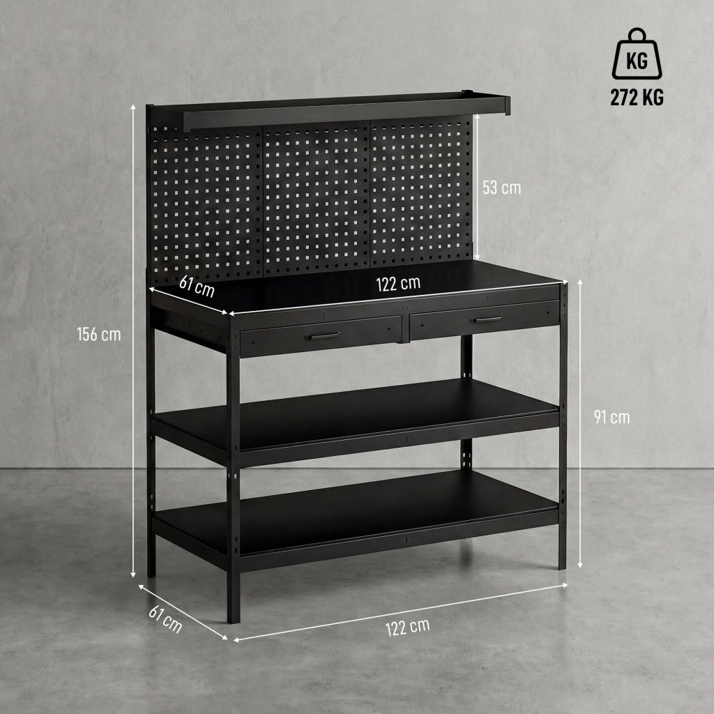 Banco da lavoro regolabile con pannello forato e 2 cassetti ¨C Zephmum ¨C 122x61x156 cm, Nero