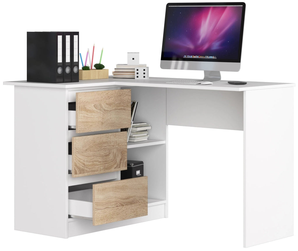 Scrivania angolare AKORD B16 Bianco 124 cm 3 cassetti inserto frontale Sonoma Quercia 124x85x77 cm Modello a sinistra
