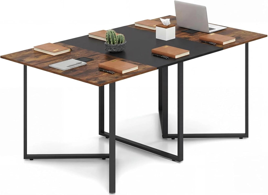 Tavolo da Conferenza 180 x 100 cm, Tavolo Riunioni Grande per 6-8 Persone, Postazione da Lavoro Stile Industriale con 2 Passacavi per Ufficio e Sala Riunioni