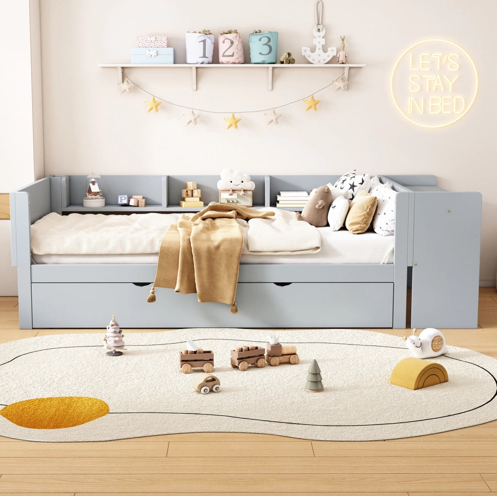 Letto singolo bambini 90x200 grigio con letto estraibile e scrivania