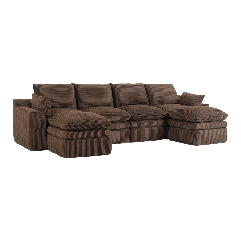 Divano modulare a 4 posti con 2 pouf in corduroy marrone con tasche laterali e cuscini 85 × 335 × 167 cm
