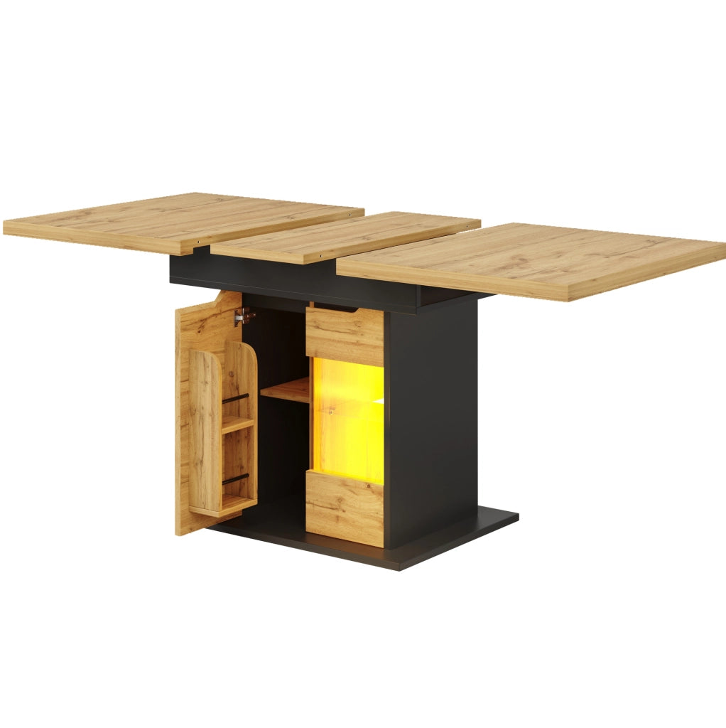 Tavolo da pranzo estensibile 110-140x80x76 cm con illuminazione LED e portaoggetti in MDF e vetro nero naturale