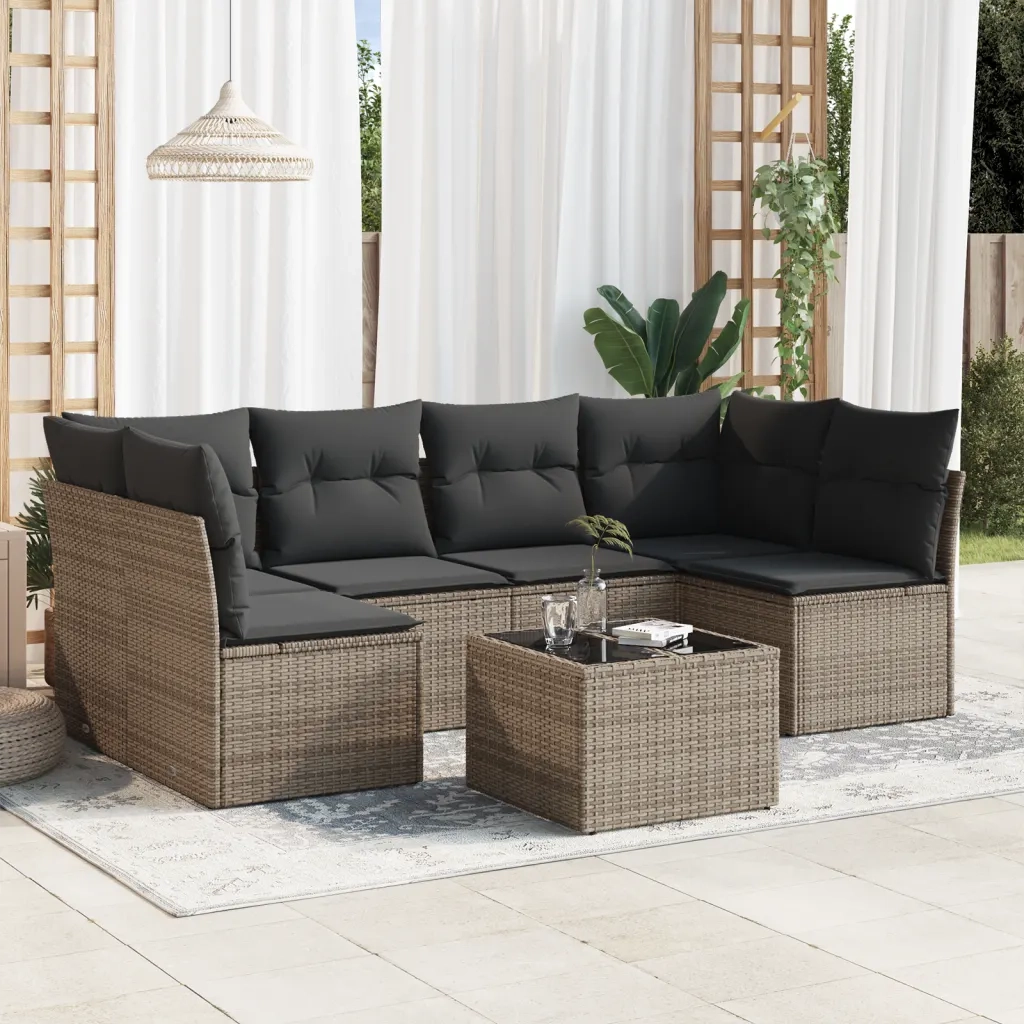 Set Divani da Giardino 7 pz con Cuscini Grigio in Polyrattan
