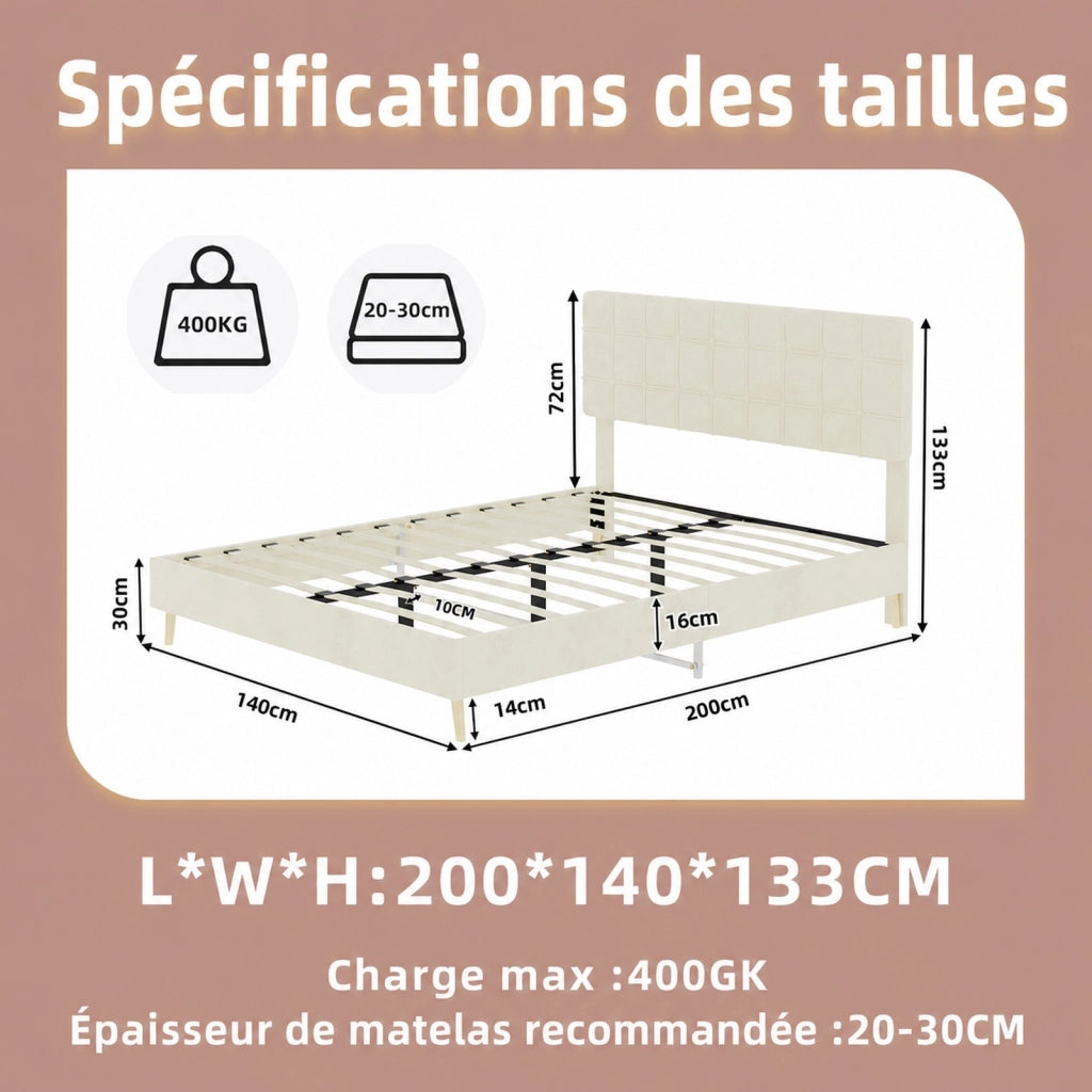 Letto matrimoniale 140 × 200 cm con testiera trapuntata, struttura stabile, senza materasso, in velluto beige