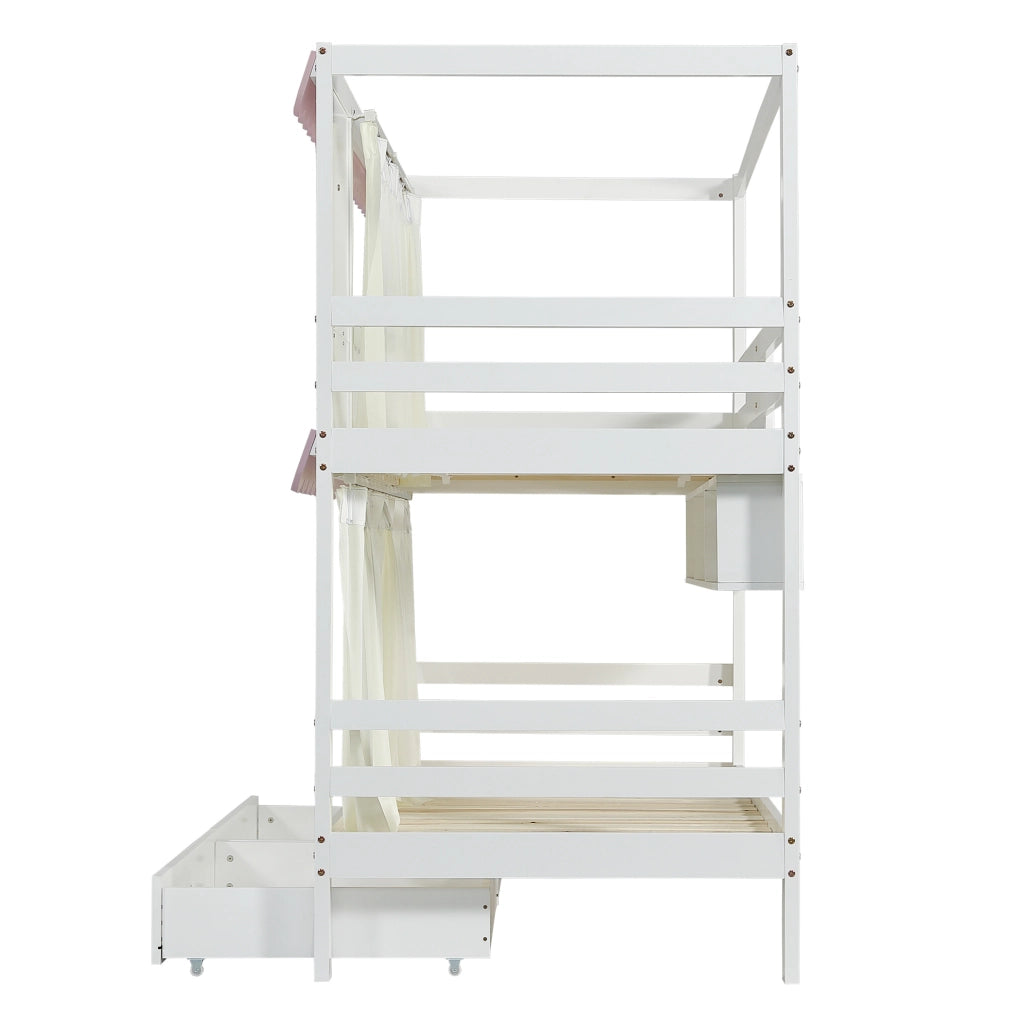 Letto a castello 90x200 cm bianco e rosa con tende, cassetti e ripiani