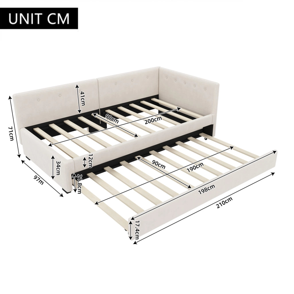 Letto singolo imbottito 90x200 cm con letto estraibile beige