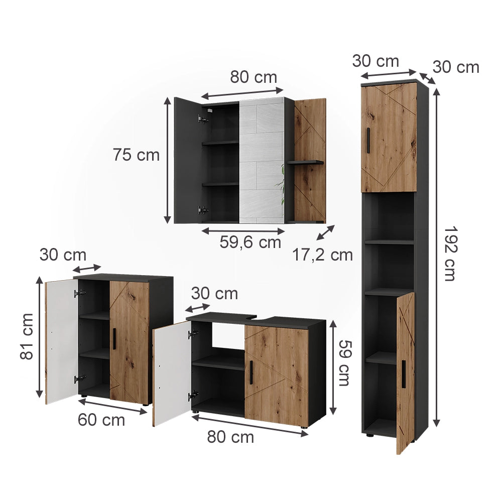 Vicco Set di mobili da bagno Antracite/Artisan 4 parti
