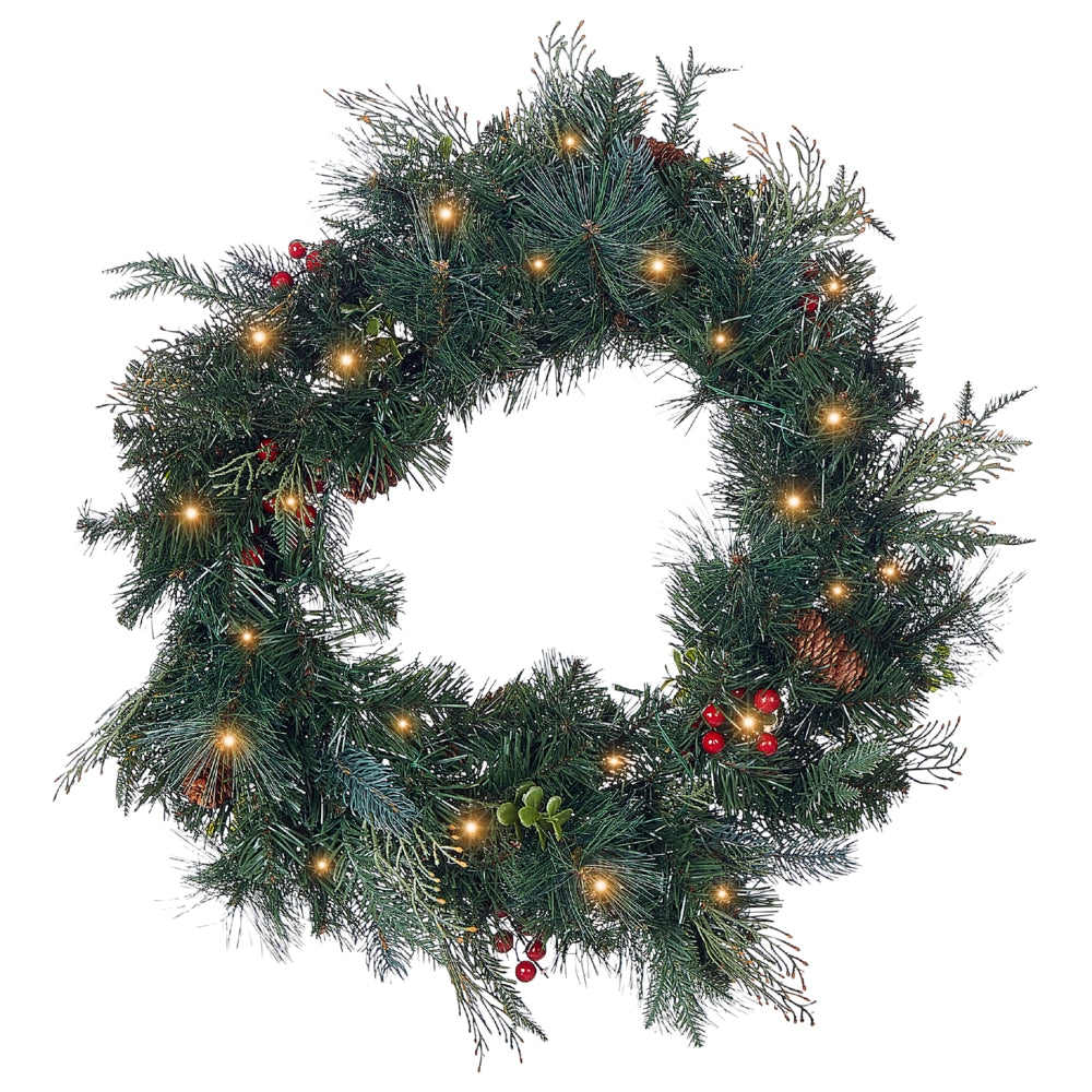 Ghirlanda di Natale in materiale sintetico verde con bacche di pigna con Luci LED 60 cm accessorio decorazione natalizia