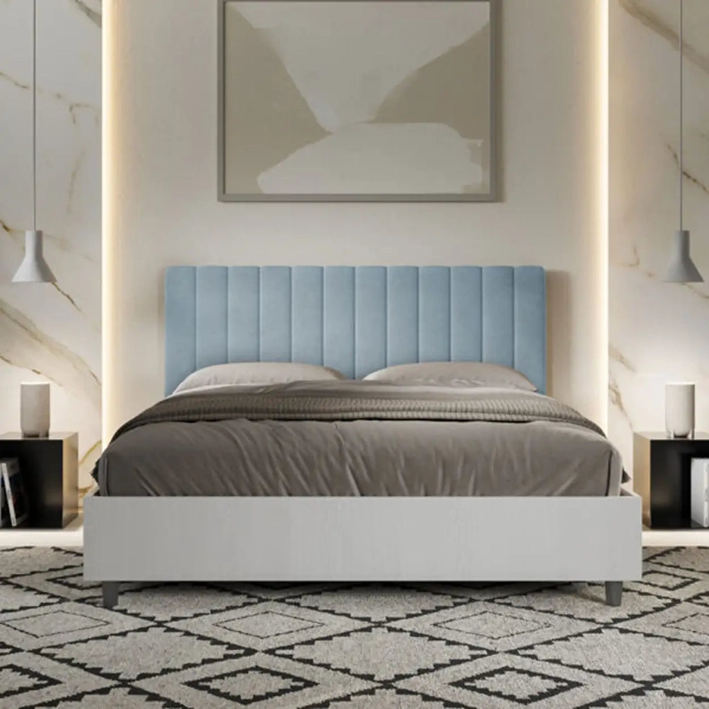 Letto matrimoniale senza rete 160x190 bianco frassino testata microfibra azzurro Kaia