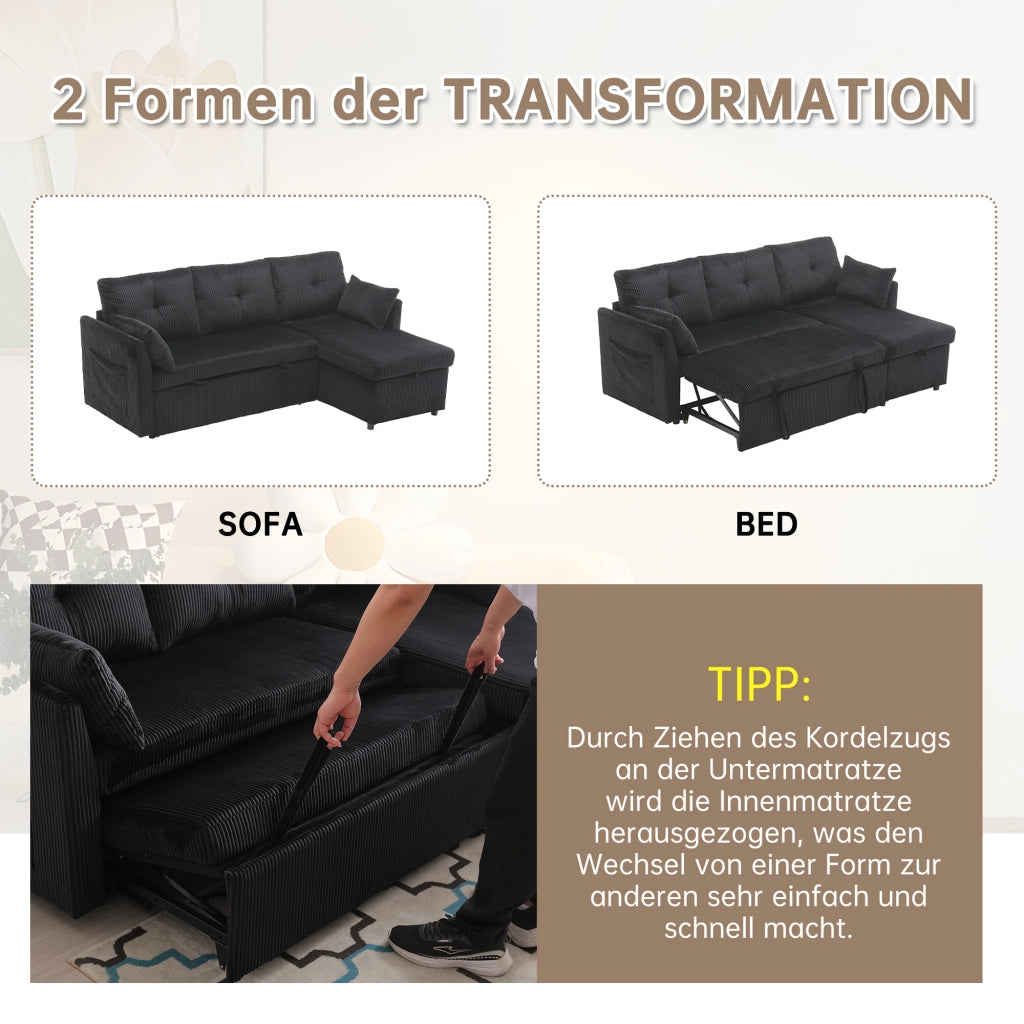 Divano letto modulare con contenitore sedute con tasche laterali e cuscini in tessuto a coste nero 206 × 108 × 66 cm