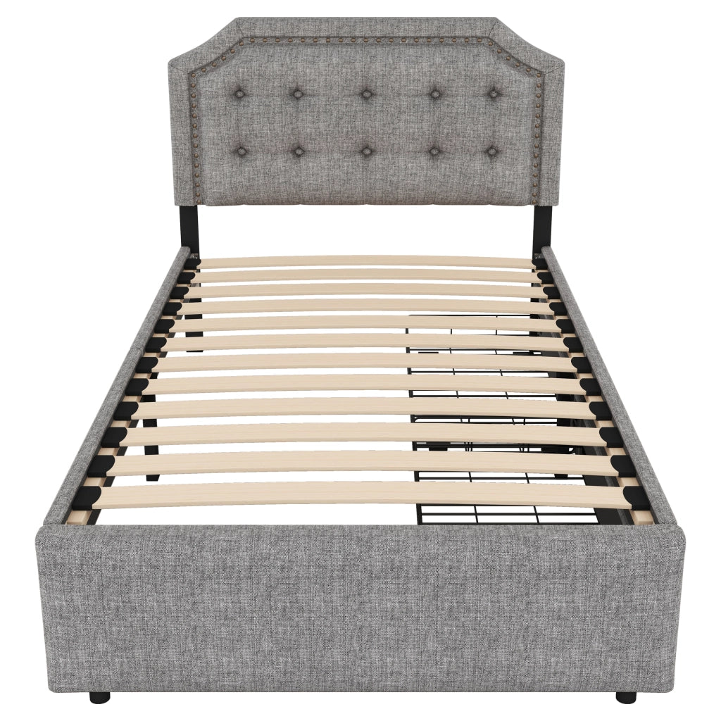 OKWISH Letto Singolo 90×200 cm con 2 Cassetti, Testiera Regolabile e Borchie Decorative, senza Materasso, in MDF, Grigio