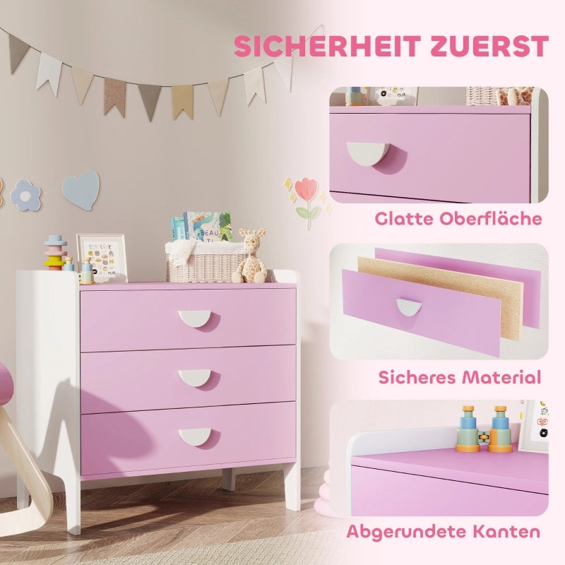 Cassettiera per bambini con 3 cassetti, in MDF, mobile contenitore per bambini, rosa+bianco