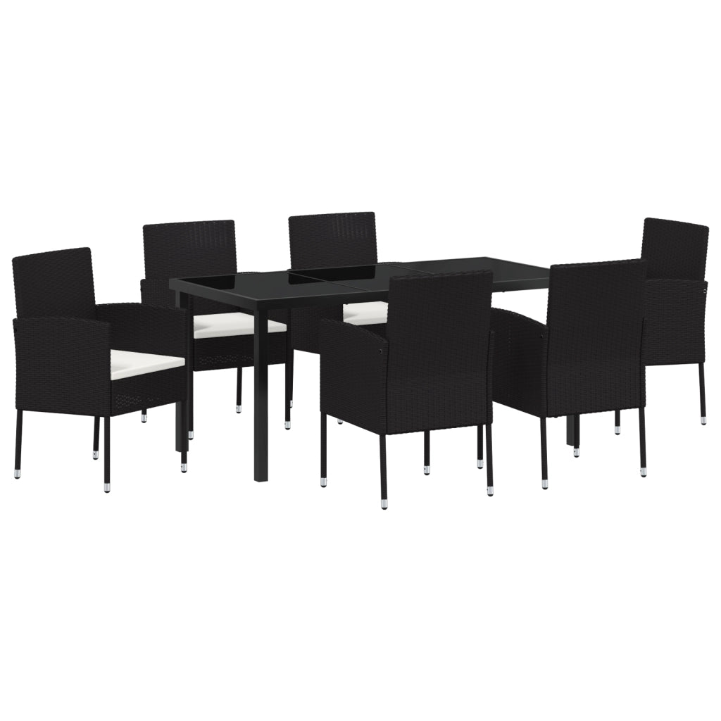 Set da Pranzo Giardino 7 Pezzi con Cuscini Nero Polyrattan