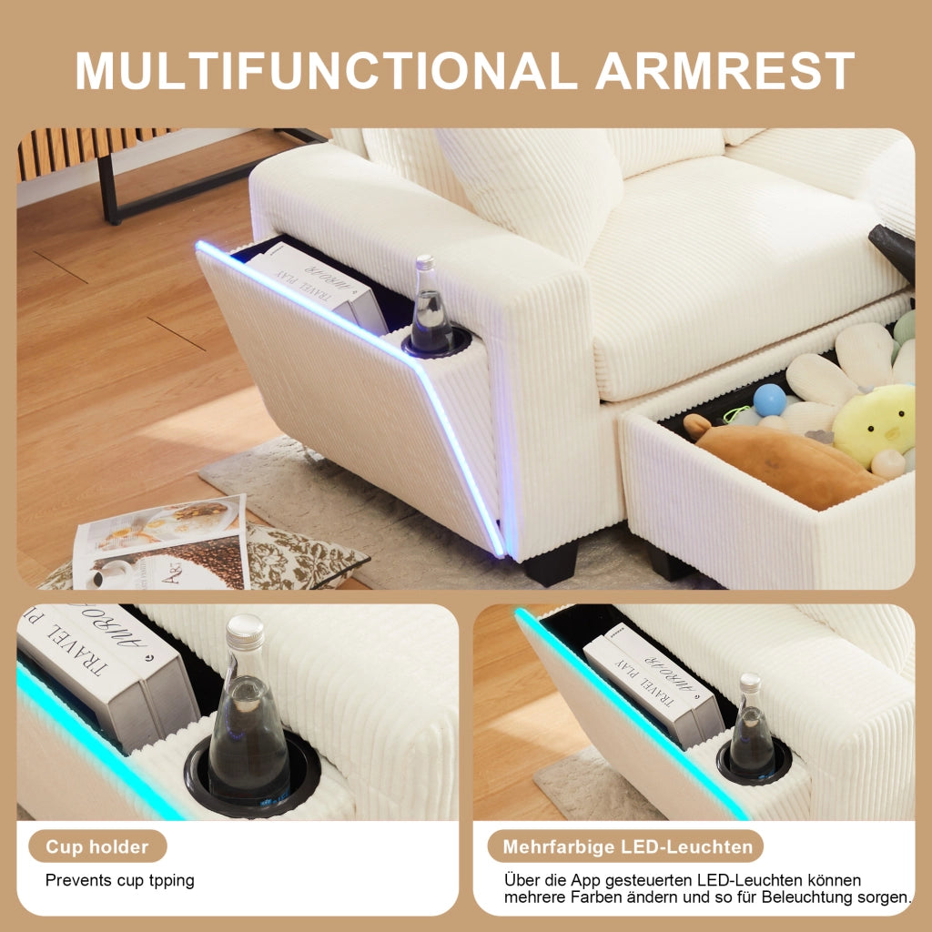 Divano angolare 4 posti con ricarica USB e Type-C; contenitore - in tessuto a coste beige