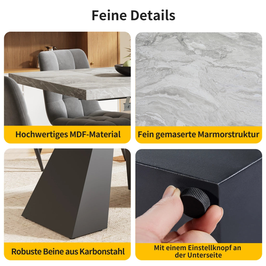 Tavolo da pranzo allungabile con 4 sedie, piano effetto marmo, in MDF e metallo, nero e grigio, 99-159 × 74 × 77 cm