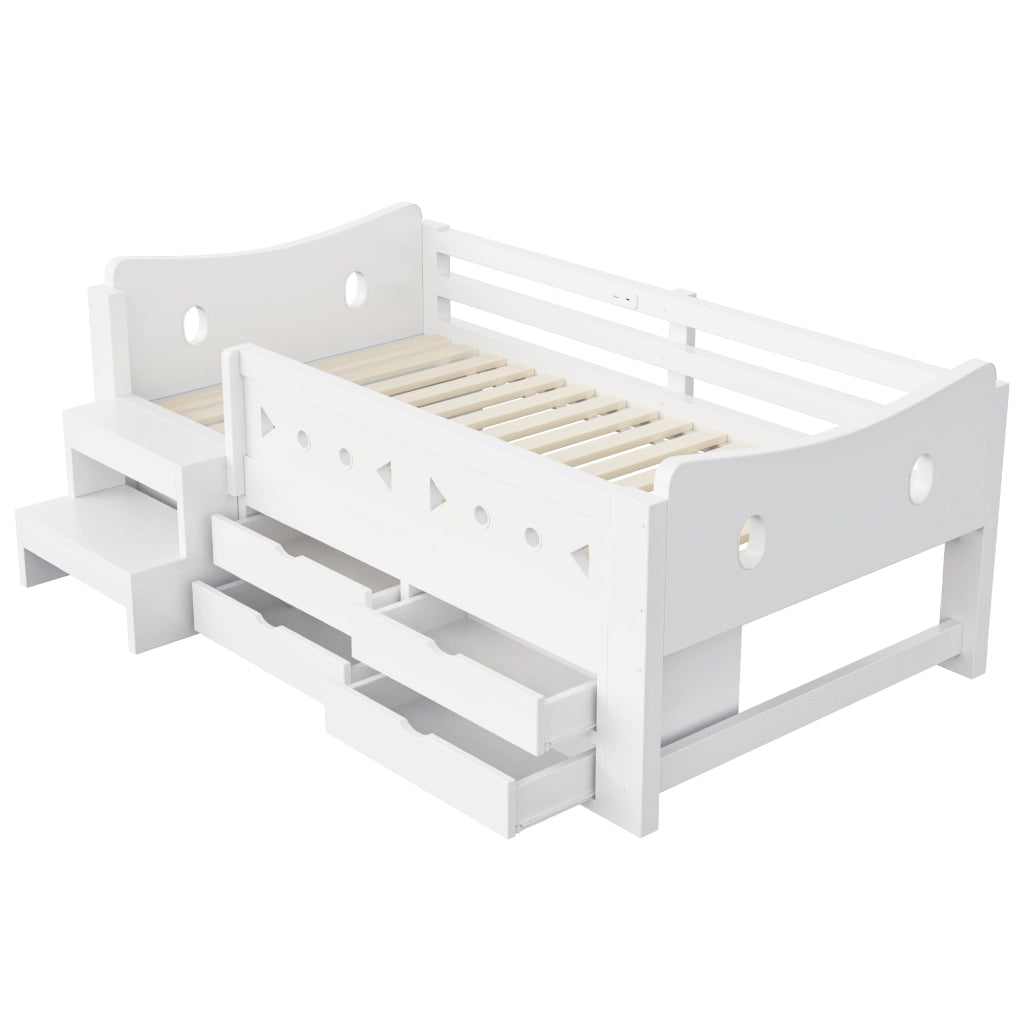 Letto singolo per bambini 90x200 cm con cassetti; testiera portaoggetti; sponda; LED; USB e USB-C; legno bianco