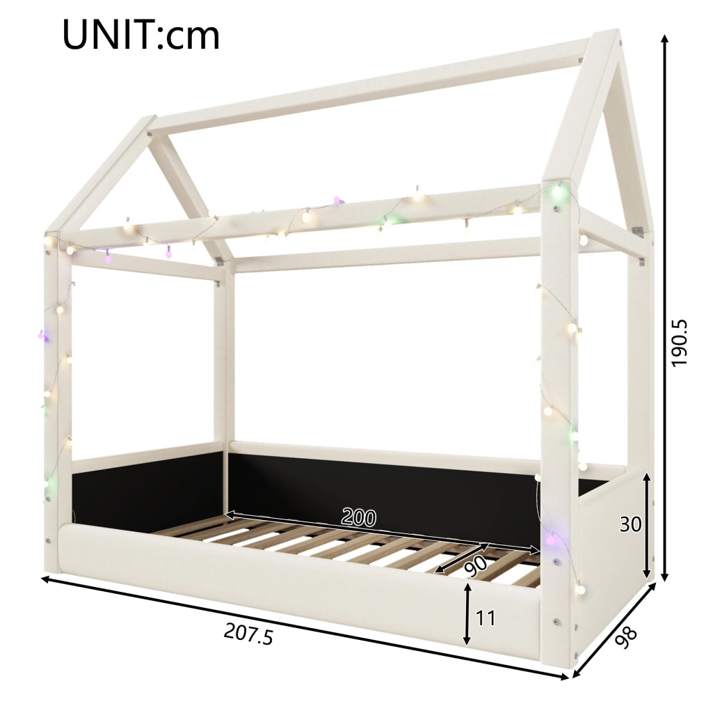Letto casetta imbottito 90x200 cm con luci LED; beige