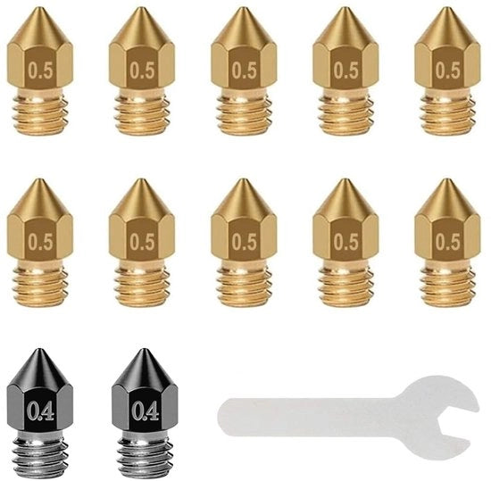 Mondstukken per 3D stampante - 12 pezzi - 2x punterelli in acciaio arato 0,4mm - 10x bocchette di spruzzo in rame 0,5mm - chiave a stella - alta resistenza termica