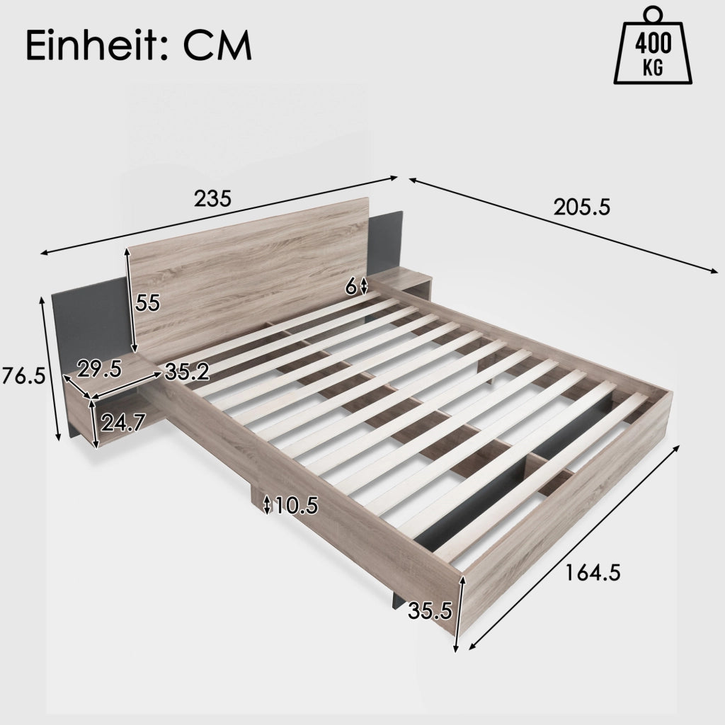 Letto matrimoniale 160x200 cm con 2 comodini; legno; Sonoma e grigio scuro